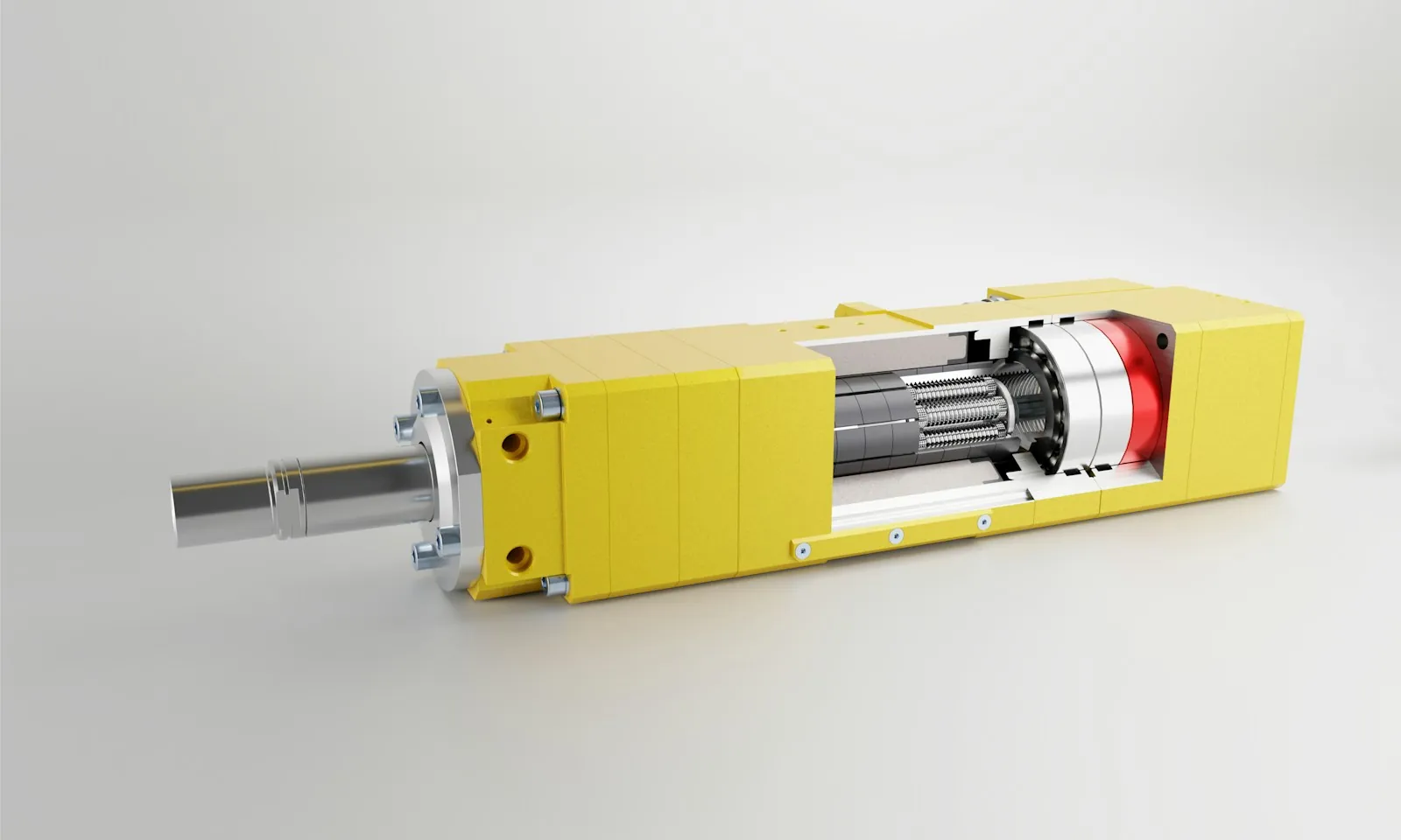 Ilustração 3D de um atuador linear em corte, mostrando o fuso interno
