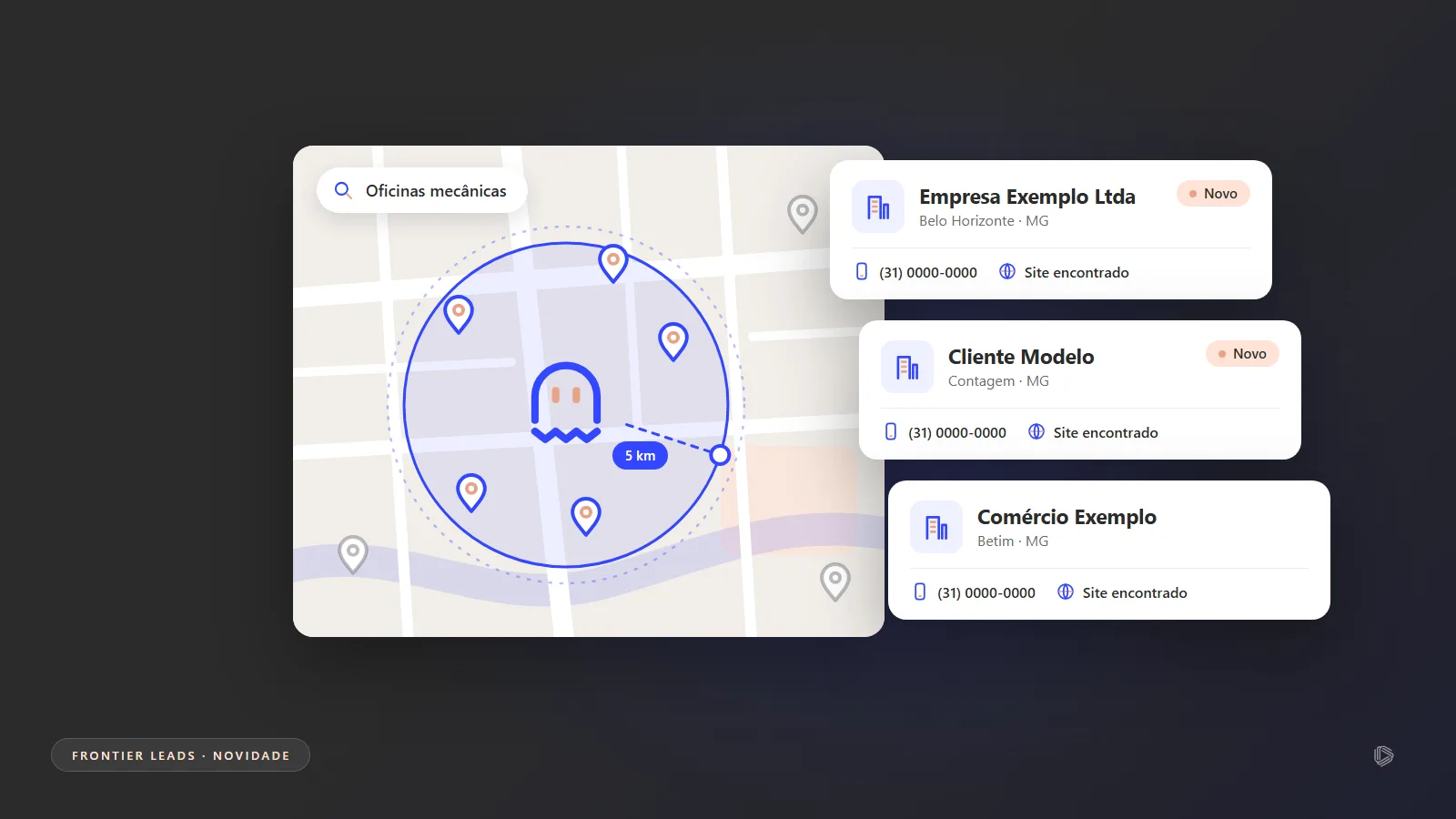 Ilustração do fantasma do Frontier Leads sobre um mapa, com cartões de empresas encontradas