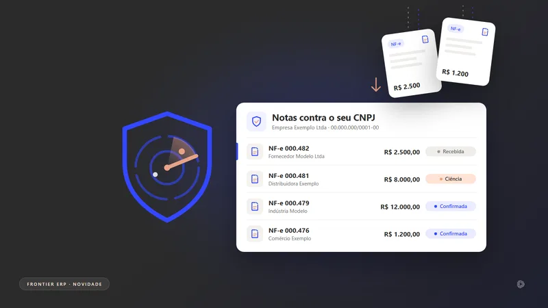 Ilustração de notas fiscais chegando numa lista com situações, ao lado de um radar