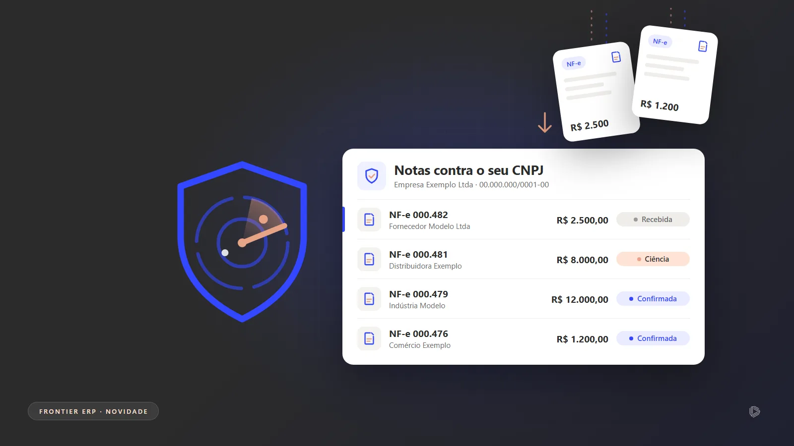 Ilustração de notas fiscais chegando numa lista com situações, ao lado de um radar