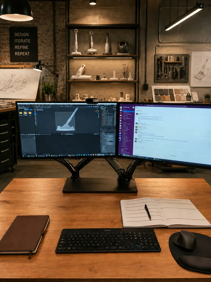 Mesa de projeto com dois monitores e uma peça 3D na tela