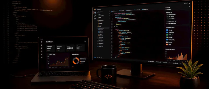 Monitor com código-fonte e notebook com painel de indicadores