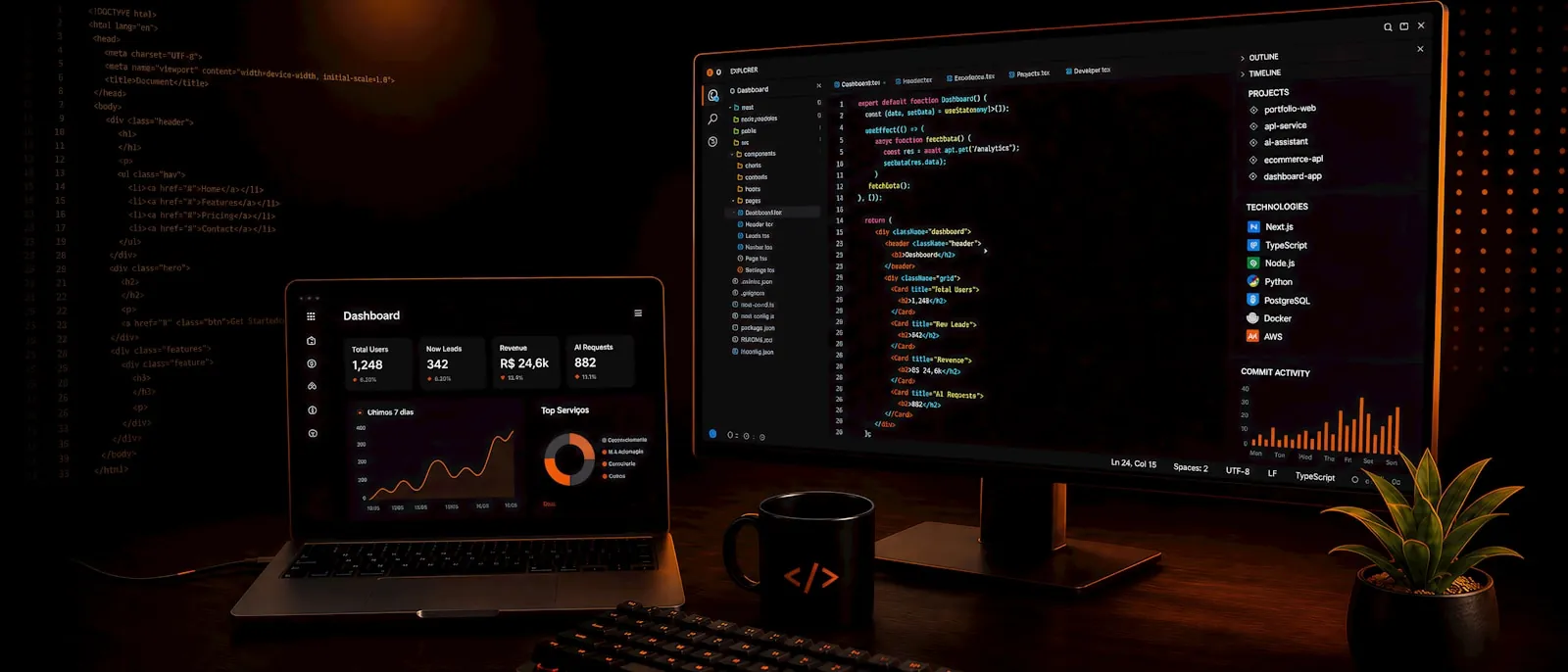 Monitor com código-fonte e notebook com painel de indicadores